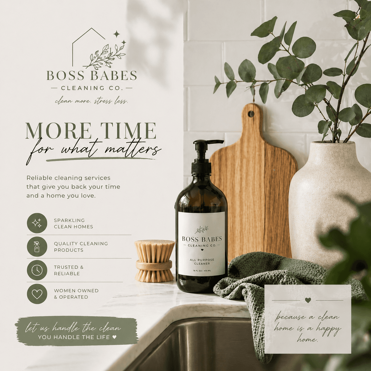 Boss Babes cleaning brand inspiration with cleaning products and eucalyptus